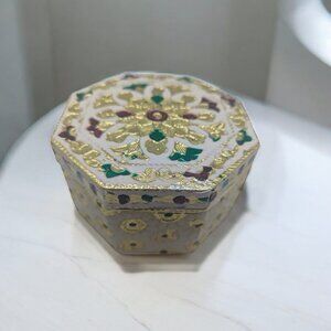 Handcrafted Octagonal Brass & Enamel Jewelry Trinket Box With Floral Design